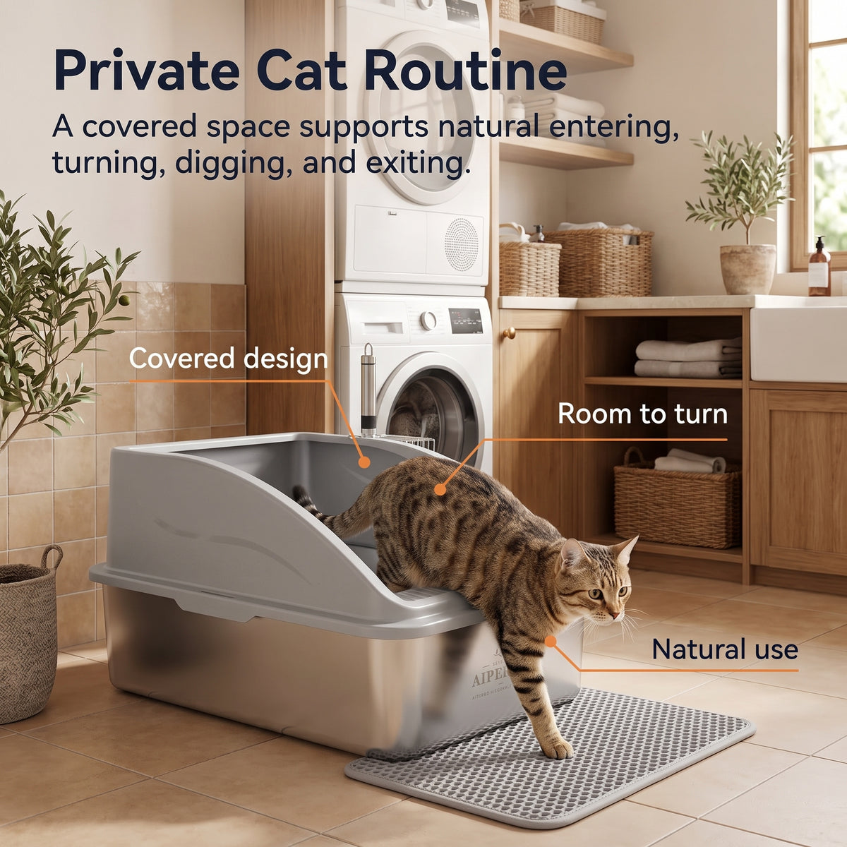 PawNovi Stainless Steel Enclosed Cat Litter Box with Lid, Mat & Scoop — PawNovi
