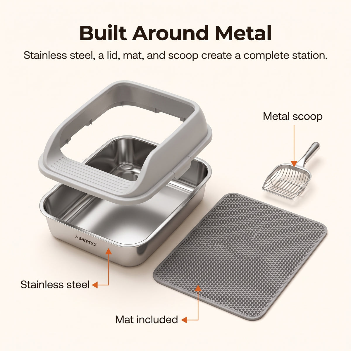 PawNovi Stainless Steel Enclosed Cat Litter Box with Lid, Mat & Scoop — PawNovi
