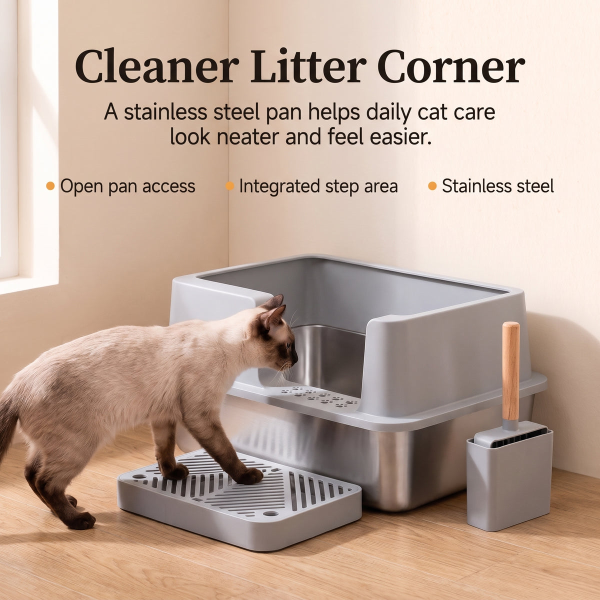 PawNovi Stainless Steel Cat Litter Box with Step Area — PawNovi