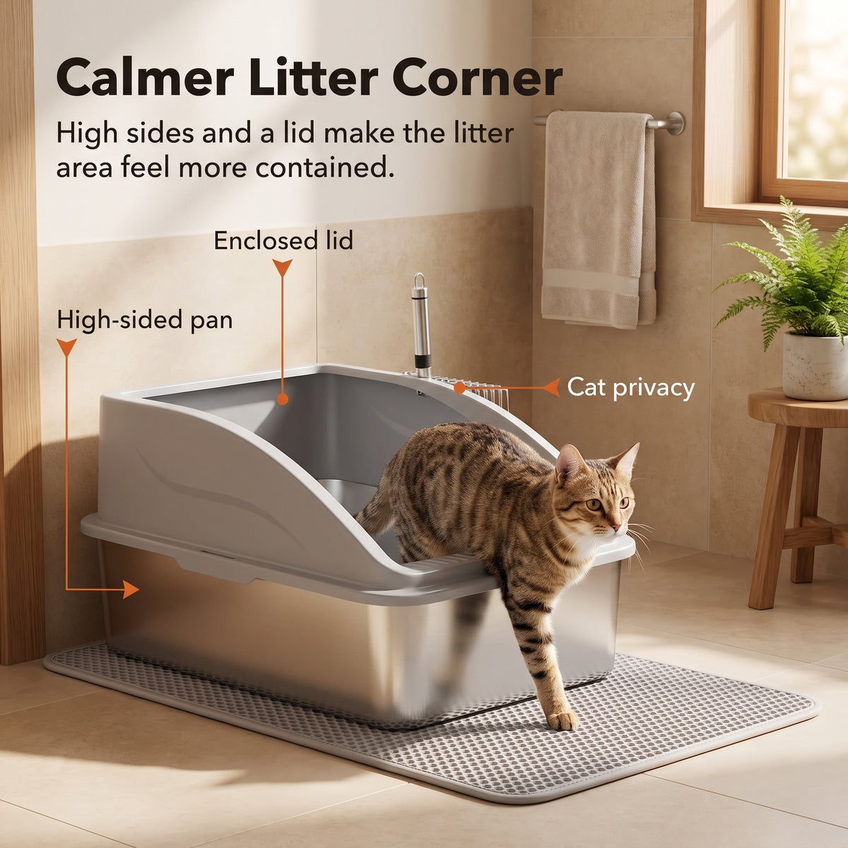 PawNovi Stainless Steel Enclosed Cat Litter Box with Lid, Mat & Scoop — PawNovi