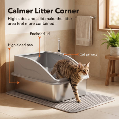 PawNovi Stainless Steel Enclosed Cat Litter Box with Lid, Mat & Scoop — PawNovi