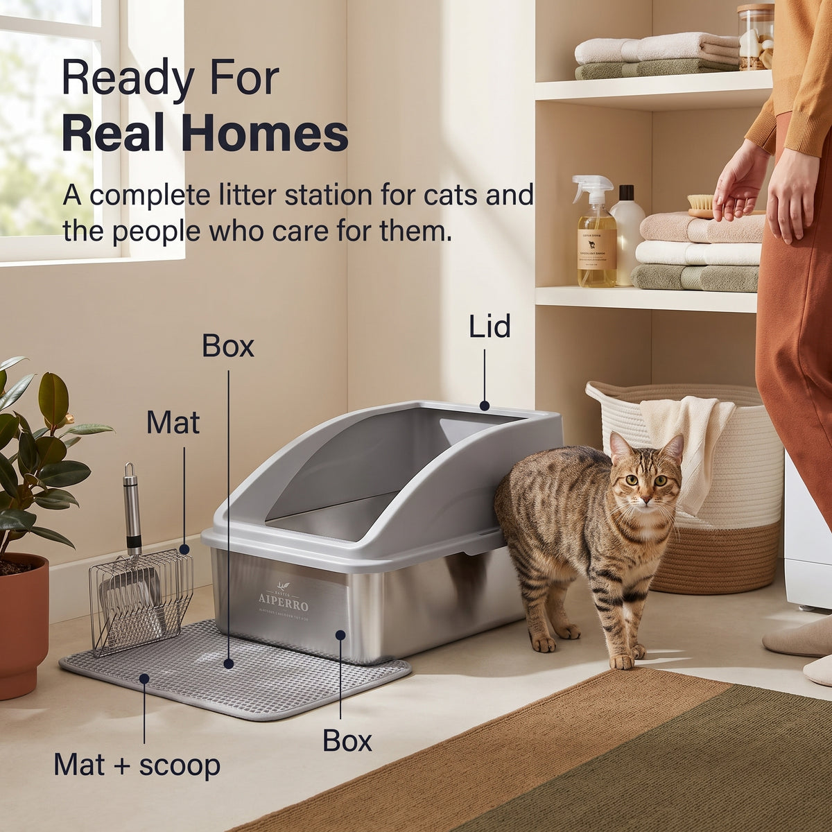 PawNovi Stainless Steel Enclosed Cat Litter Box with Lid, Mat & Scoop — PawNovi