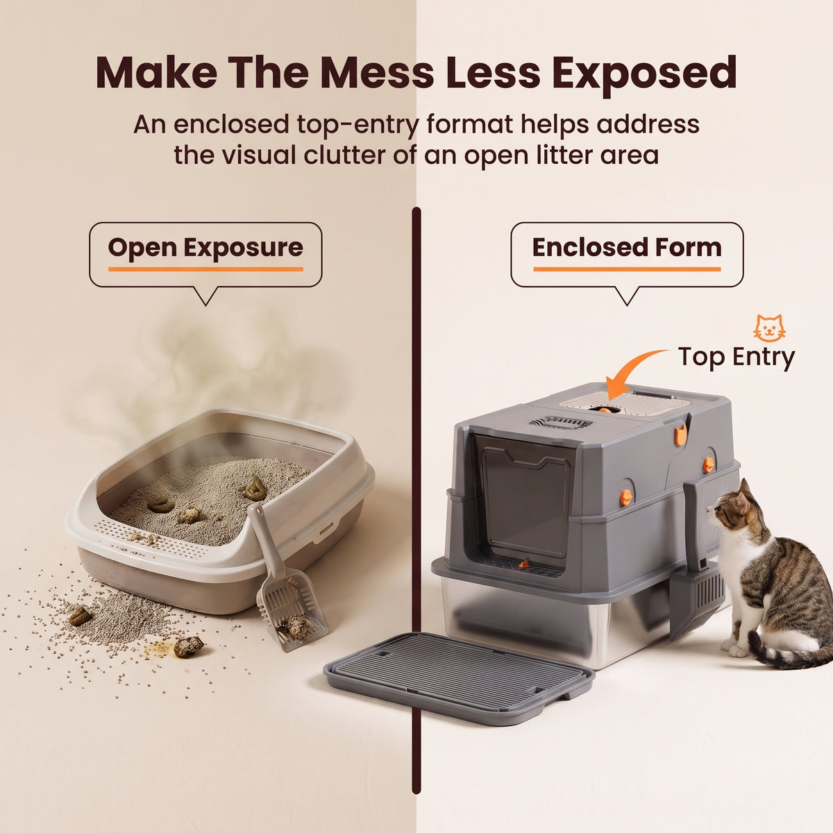PawNovi Stainless Steel Enclosed Top-Entry Cat Litter Box — PawNovi