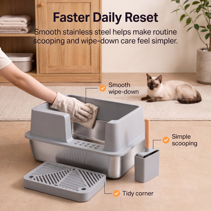 PawNovi Stainless Steel Cat Litter Box with Step Area — PawNovi
