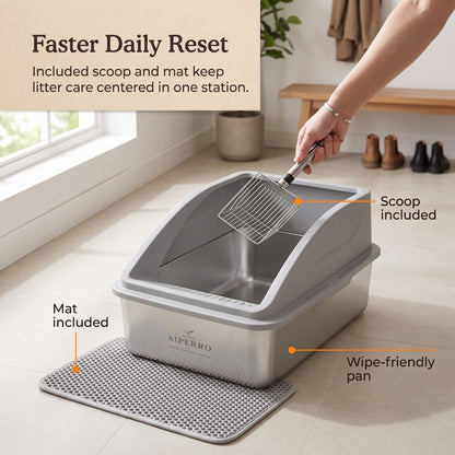PawNovi Stainless Steel Enclosed Cat Litter Box with Lid, Mat & Scoop — PawNovi