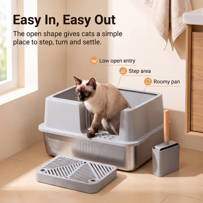 PawNovi Stainless Steel Cat Litter Box with Step Area — PawNovi
