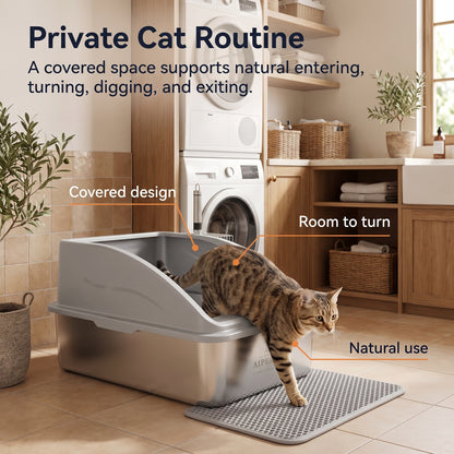 PawNovi Stainless Steel Enclosed Cat Litter Box with Lid, Mat & Scoop — PawNovi