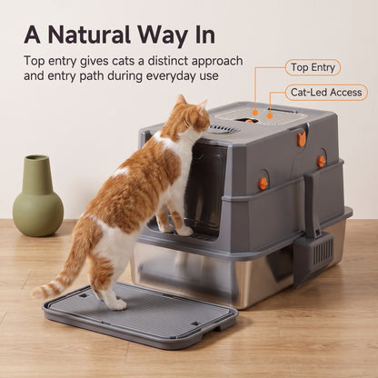PawNovi Stainless Steel Enclosed Top-Entry Cat Litter Box — PawNovi
