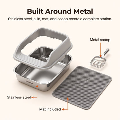 PawNovi Stainless Steel Enclosed Cat Litter Box with Lid, Mat & Scoop — PawNovi